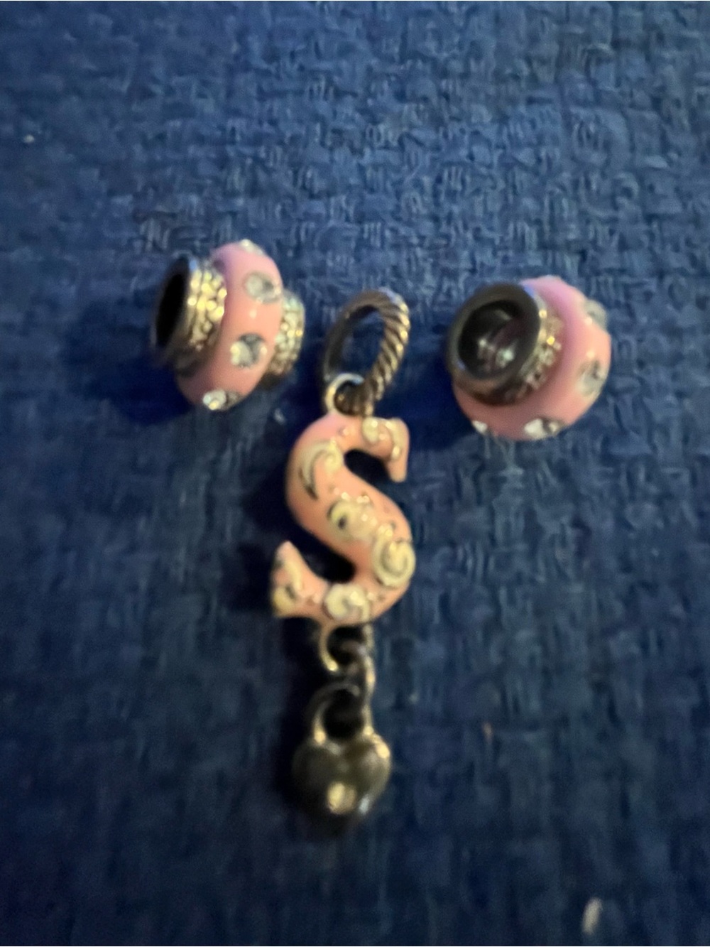 Pink Enamel Initial 'S' Charm & 2 Matching Beads